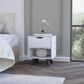 Carthage Nightstand with 1-Drawer, 1-Open Storage Shelf and Wooden Legs, White (Color: White)